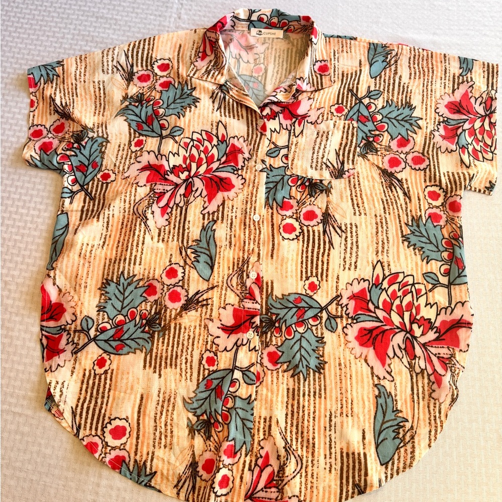 Cupshe Floral Button Front Shirt Size XL Oversized Tropical Boho Top